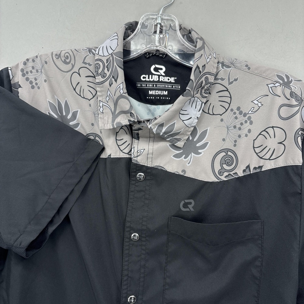 Club Ride Mens Medium Black Floral Colorblock Cycling Button Shirt Short Sleeve